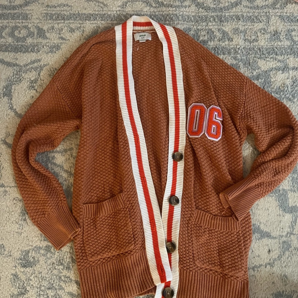 Aerie Brown Cardigan with Red and White Accents